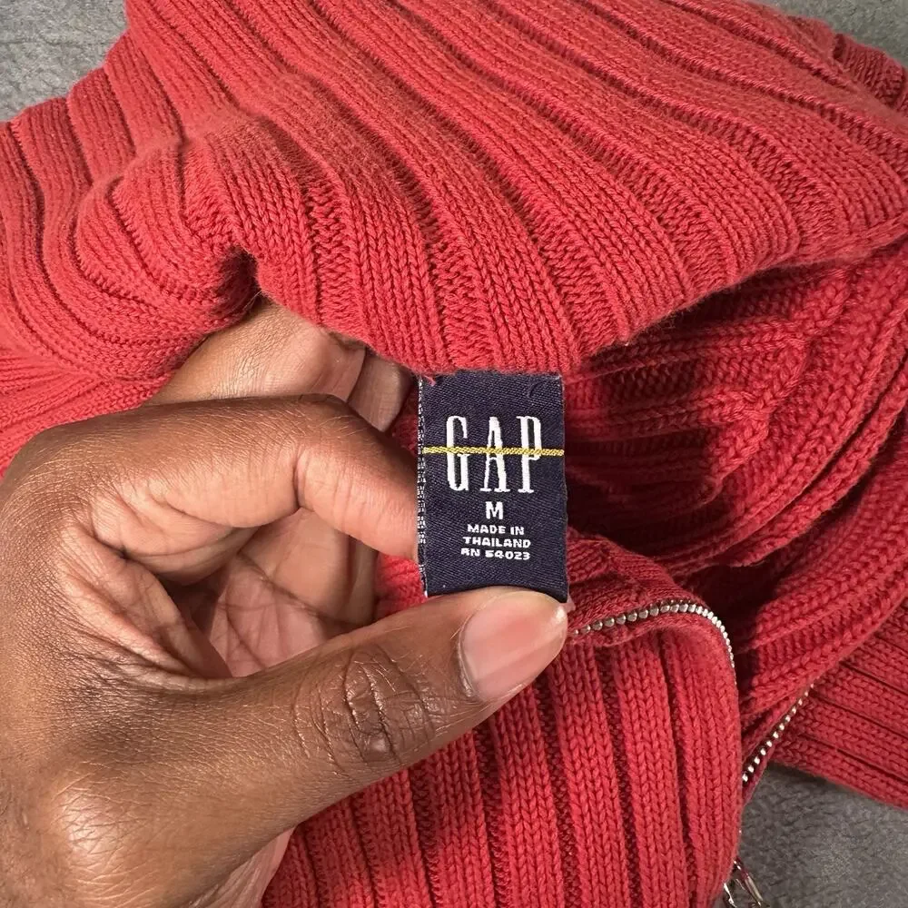 GAP Sweater Red Zip Turtleneck Women Medium Cotton Ribbed Casual